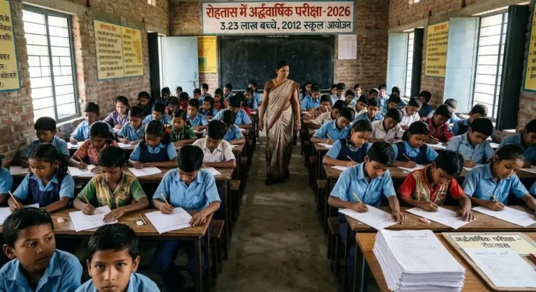 रोहतास में अर्द्धवार्षिक परीक्षा देते छात्र छात्राएं