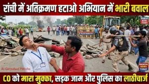 रांची के एचईसी बाईपास रोड पर अतिक्रमण हटाने के दौरान प्रदर्शन करते स्थानीय लोग