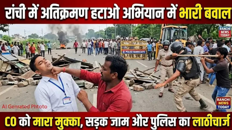 रांची के एचईसी बाईपास रोड पर अतिक्रमण हटाने के दौरान प्रदर्शन करते स्थानीय लोग